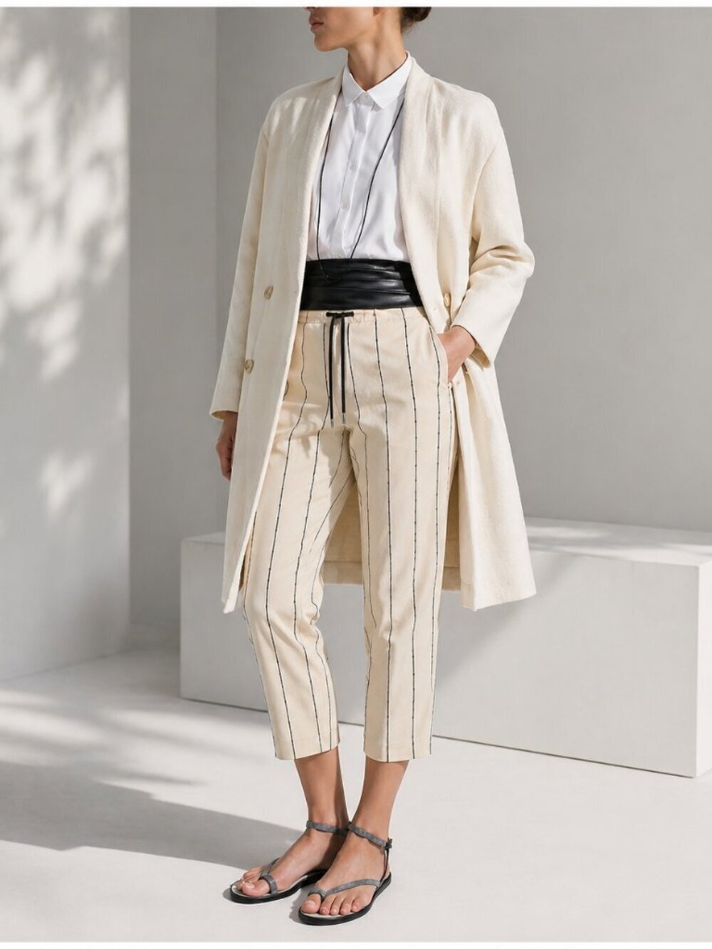 Brunello Cucinelli Silk Blend Cropped Pants Beige Pinstripe Size US 4 IT 40